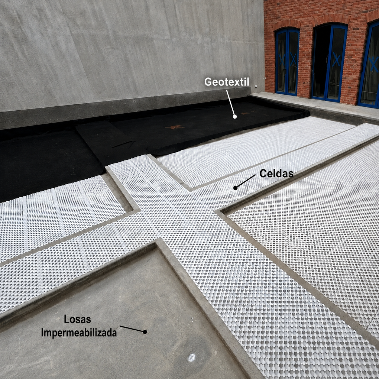 Instalación real de PlastiDren en Casa N con celdas, geotextil y losa impermeabilizada identificadas